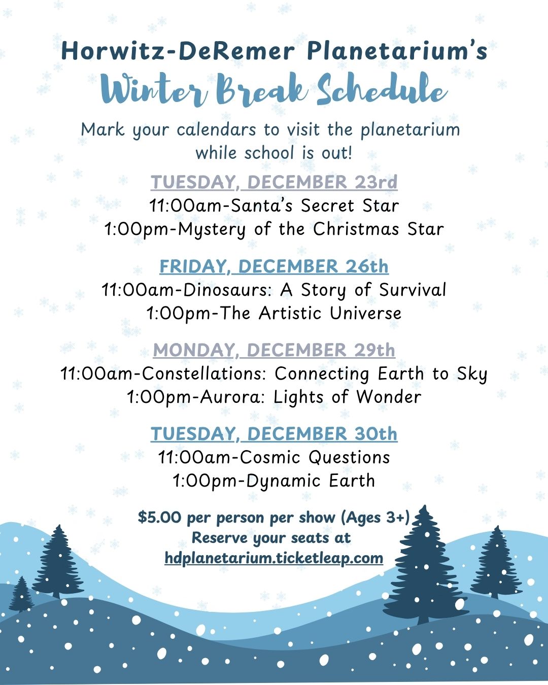 Waukesha Planetarium Winter Break Schedule 2025